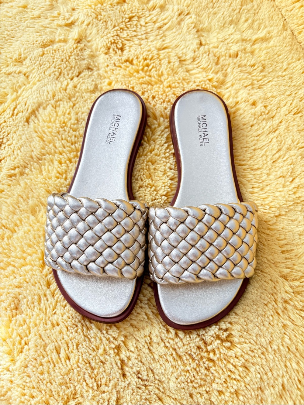 Michael Kors Metallic Silver Braided Slide Sandals